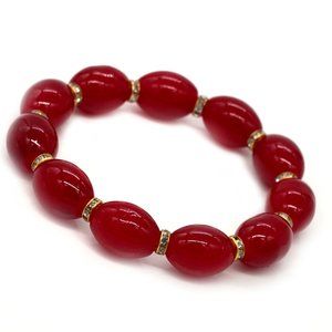 Bracelet with red Jelly Bean beads and Rhinestones.
